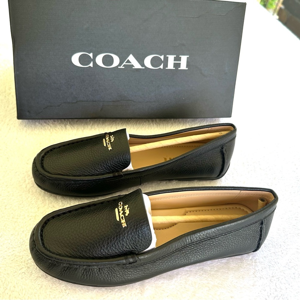 Coach Black Leather Slip-On Loafers with Gold Hardware